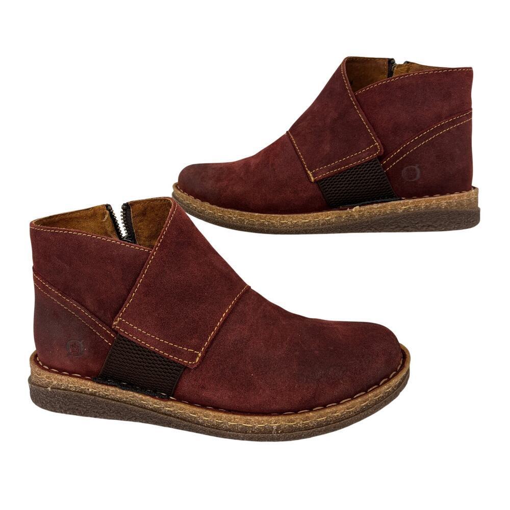 Born Tora Ankle Boots Womens Size 8.5 Red Oxblood Distressed Suede Side Zip